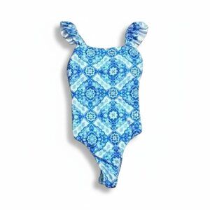 Blue Geometric Print One-Piece Swimsuit – Women’s Size Large Ruffle Strap